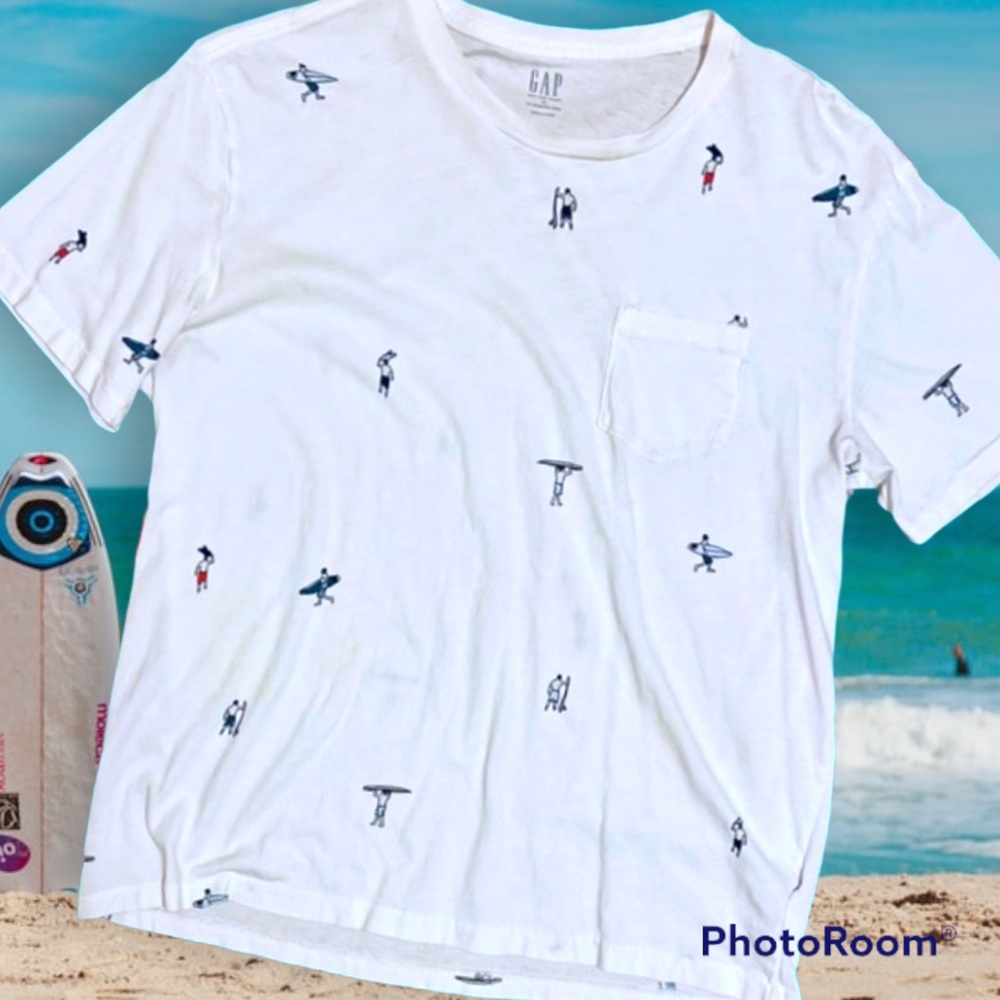 🚨 BOGO❗️GAP All-Over Print Surfer White Tee, Men's MED, LIKE NEW!